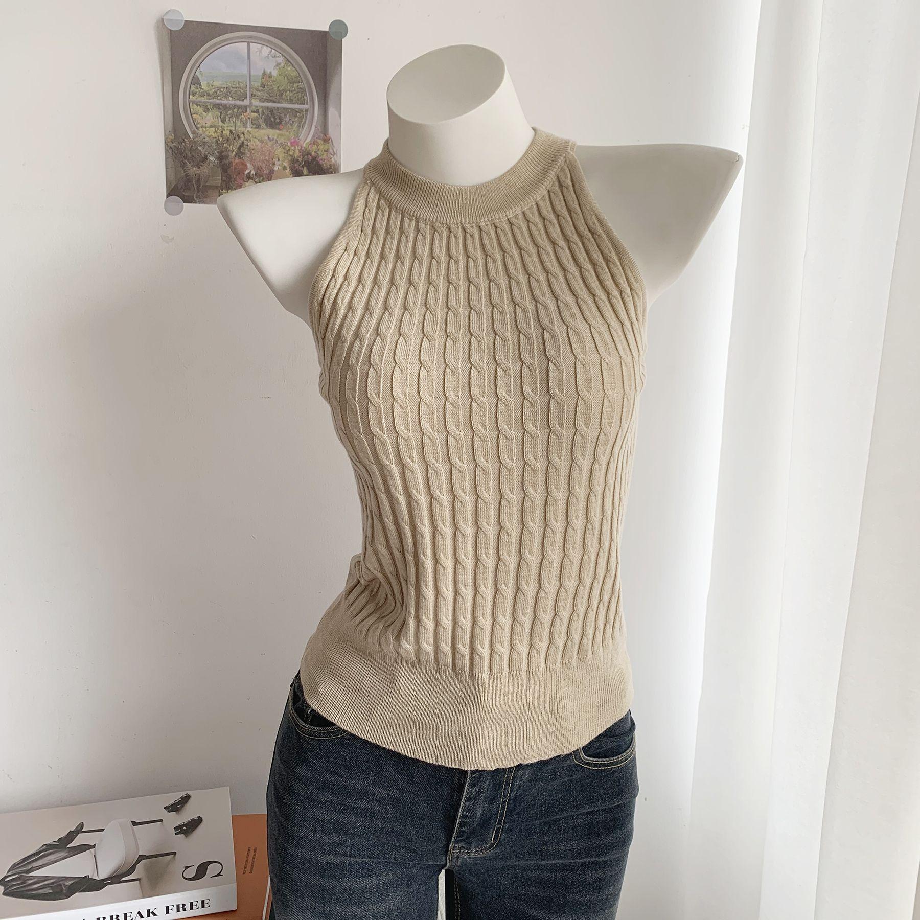 

Khaki Cable Knit Sleeveless Halter Neck Knitted Vest Women s Summer Fashion Sleeveless Top one size хакі