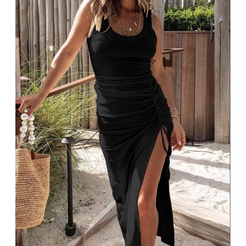 

Летний новый стиль с принтом сексуальное платье-жилет с разрезом на талии для женщин 2XL чёрный