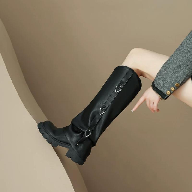 Knee-High Women Knigit Boots Metal Buckle Side Zipper Chunky Mid-Heel Round Toe Fold-Over Boots Fashion Coolgirl Shoes