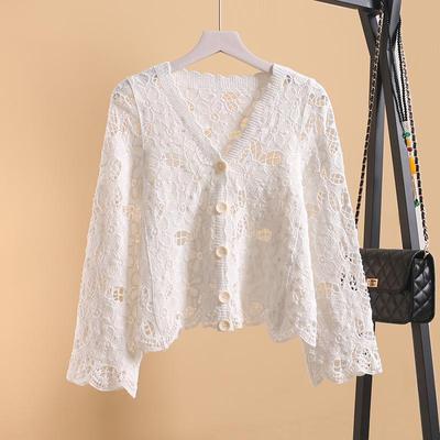 Casaco cardigan feminino fino com recorte, jaqueta curta solta de verão em crochê com decote em V e renda vazada