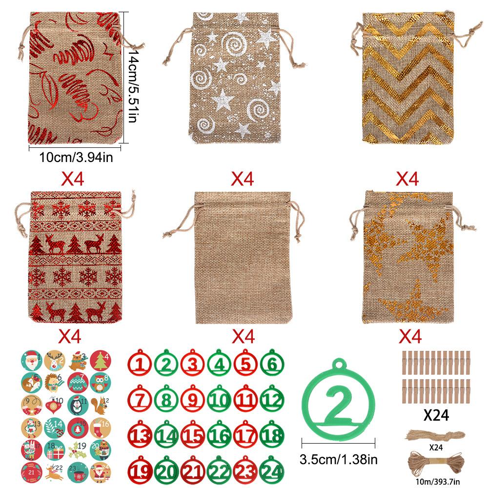 

24 шт. Рождественский мешочек с завязками, мешочек для календаря прибытия, 24 дня до Рождества, подвесной мешочек для отсчета, цифровая бирка, льняной мешочек с завязками для подарков 24pcs