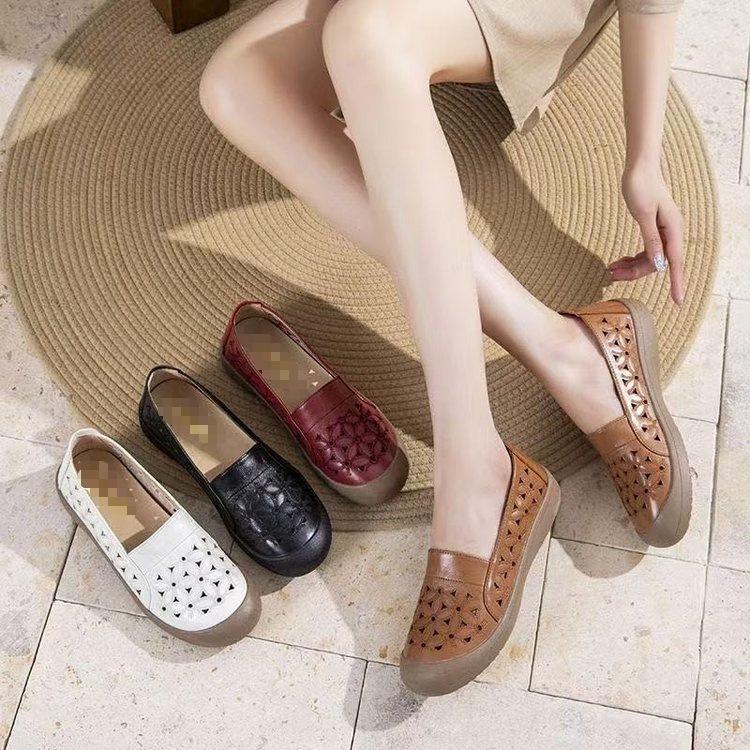 New summer soft leather hole shoes soft sole breathable shoes flat sole single shoes comfortable hollow sandals