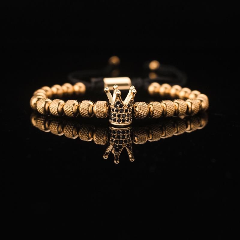 Men's Adjustable Braided Hip Hop Bracelet with Retro Copper Crown, Pineapple Beads, and Vacuum-Plated Titanium Steel.