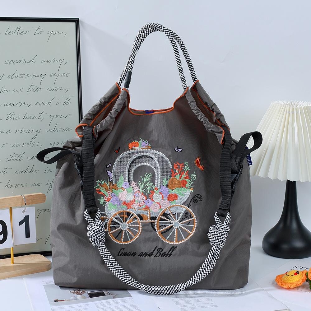Japanese Style Handmade Waterproof Nylon Canvas Bag with Embroidered Patterns, Large Capacity