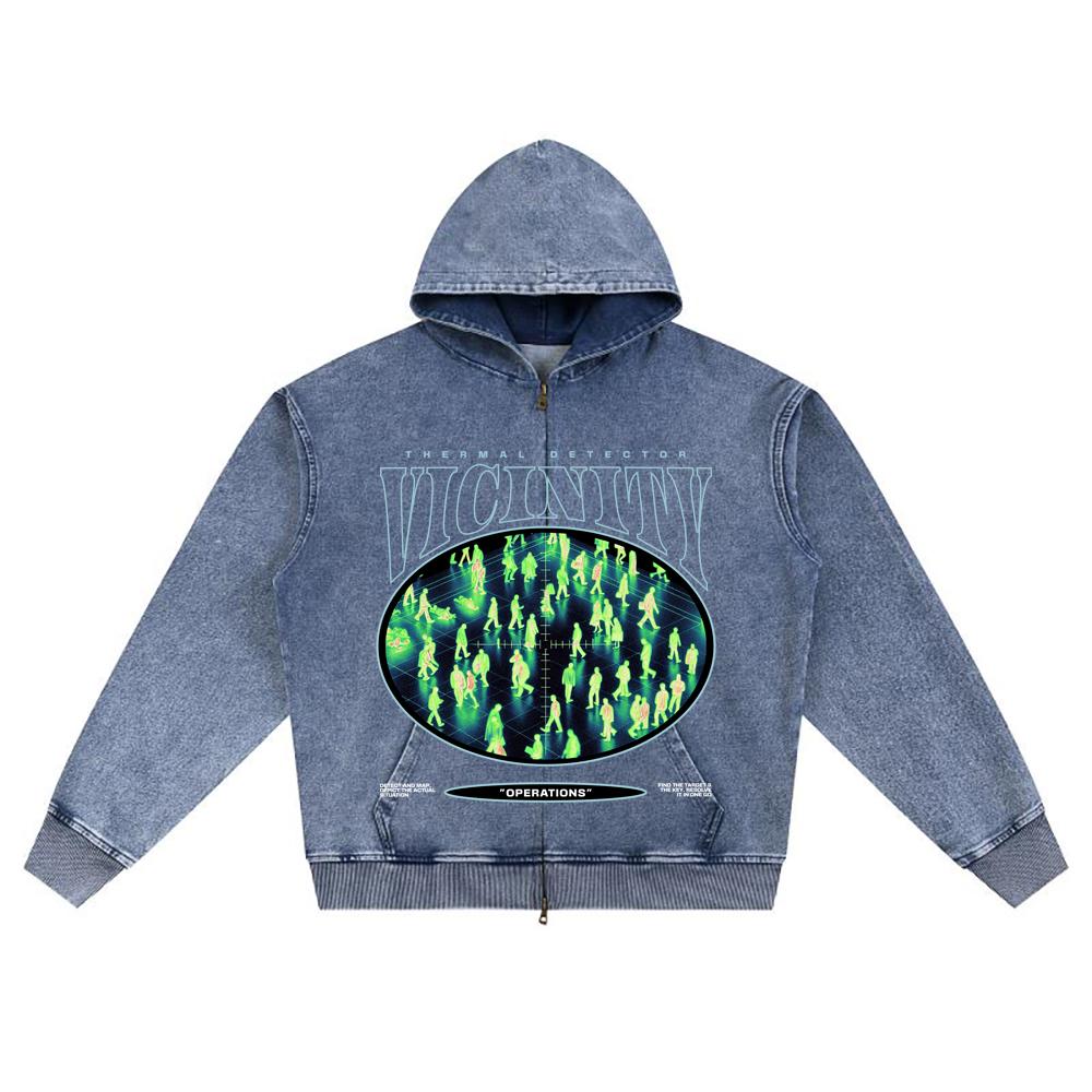 DTG Print Knitted Denim Zip-Up Hoodie Thermal Detector Brother Print Zipper Hoodies  