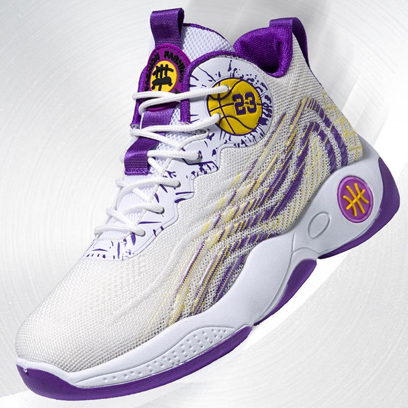 

Basketball Shoes Fly Weave Spring New Breathable Casual Shoes Lace-up Mid-top Youth Sneakers 44