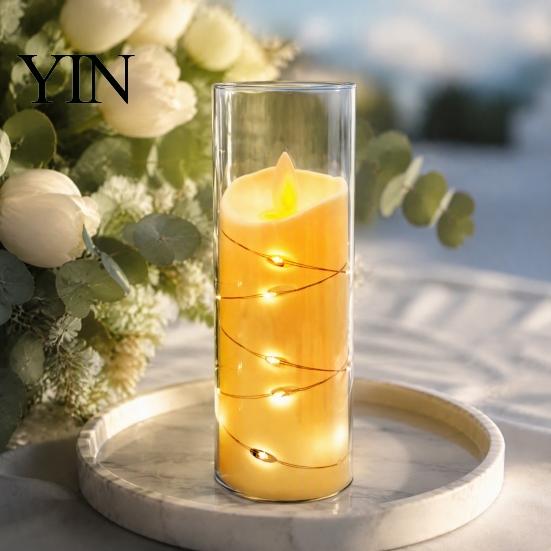 Realistic Flickering Candles for Christmas Flameless LED Candles, Battery Operated Acrylic Pillar with Embedded Wedding Table Centerpiece String, Fake