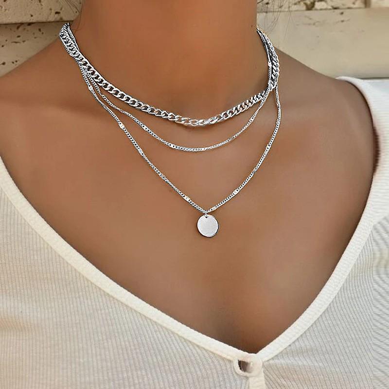 European & American Multi-layer Round Disc Pendant Clavicle Necklace - Cool, Stackable Fashion for Women