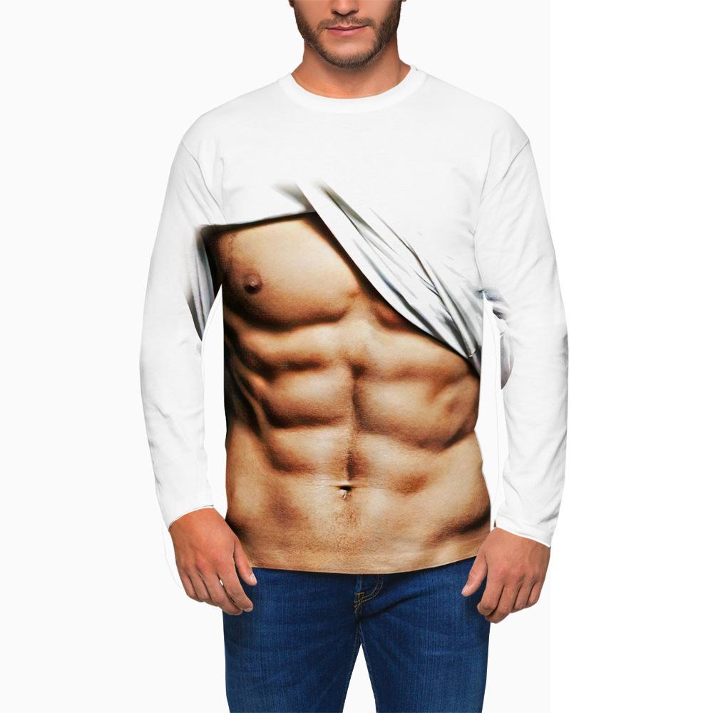 Spring and Autumn Round Neck Simulated Muscle Pattern 3D Printed Top Fashionable Casual Long Sleeved Men's T-shirts