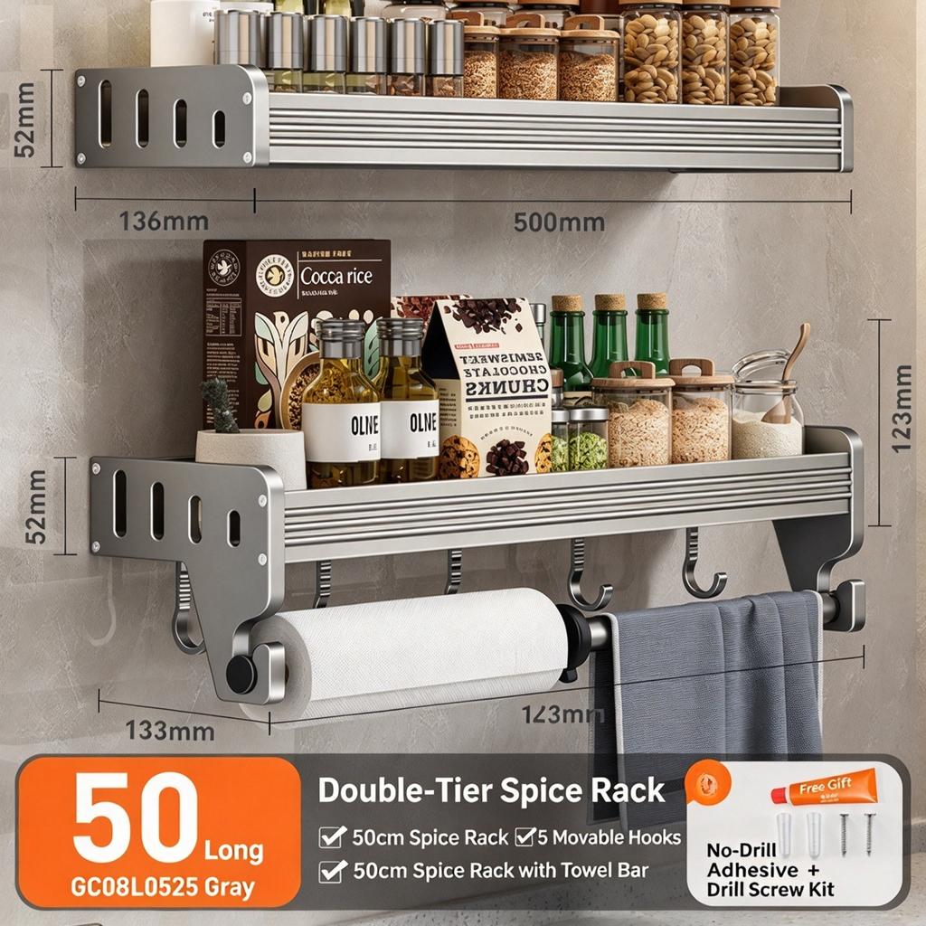 Kitchen Storage Rack Wall Mounted Knife Holder & Spice Organizer Multi-functional Seasoning Storage Shelf for Home No Drilling