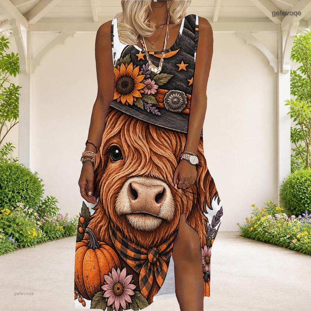 Women Plus Size Scoop Neck Sleeveless A Line Long Dress Halloween Bear Pumpkin Printed