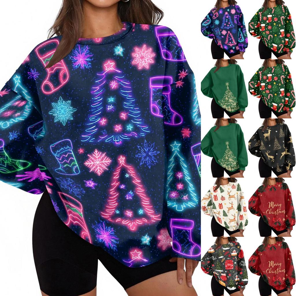 Women's Christmas Print Crewneck Sweatshirt Casual Holiday Pullover Top for Festive Wear
