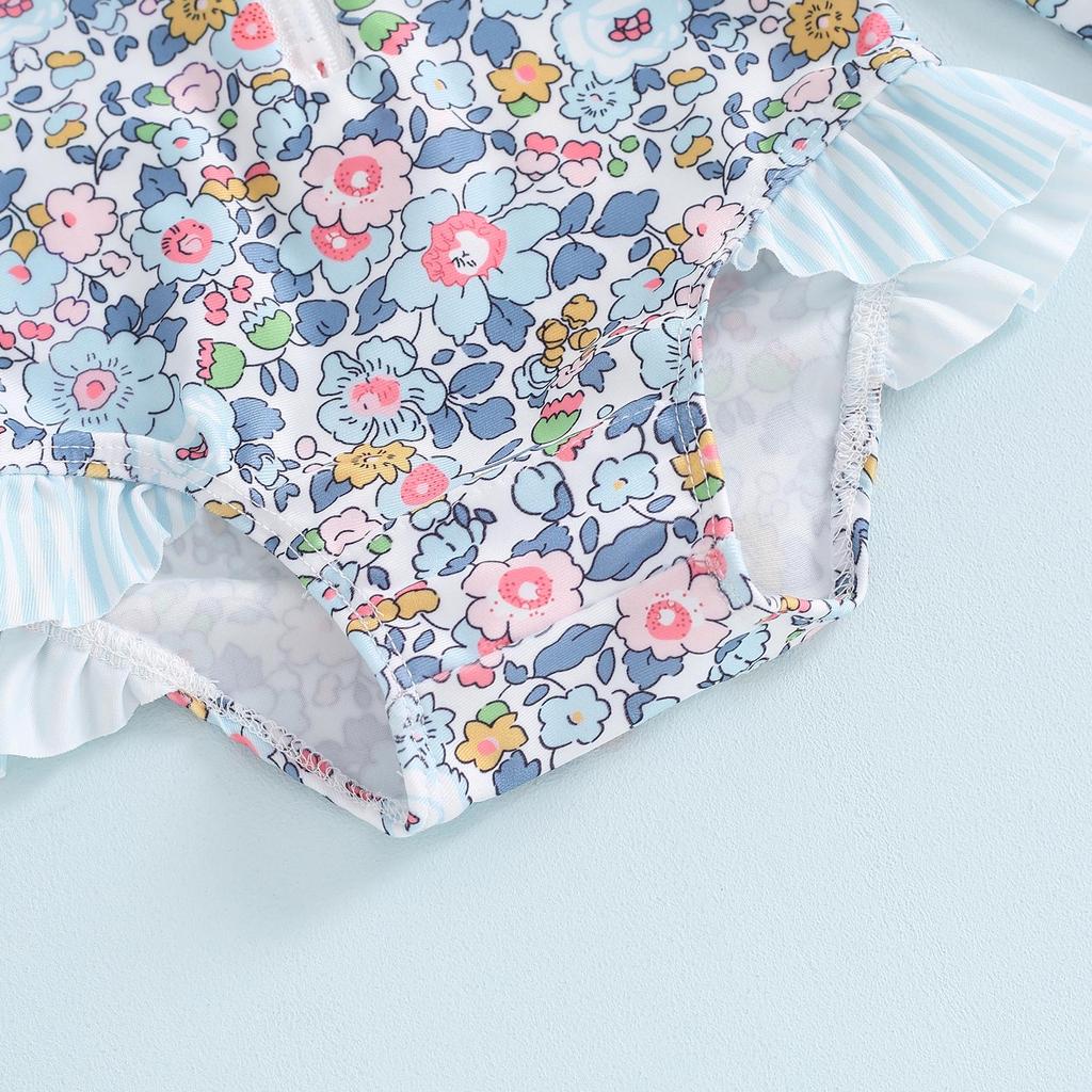 Baby Girl Rash Guard Swimsuit Long Sleeve Floral Print Bathing Suit Infant Swimwear with Bowknot Sun Hat