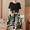 Women Summer Fashion Printing Splice Loose Short Sleeve A-line Dress