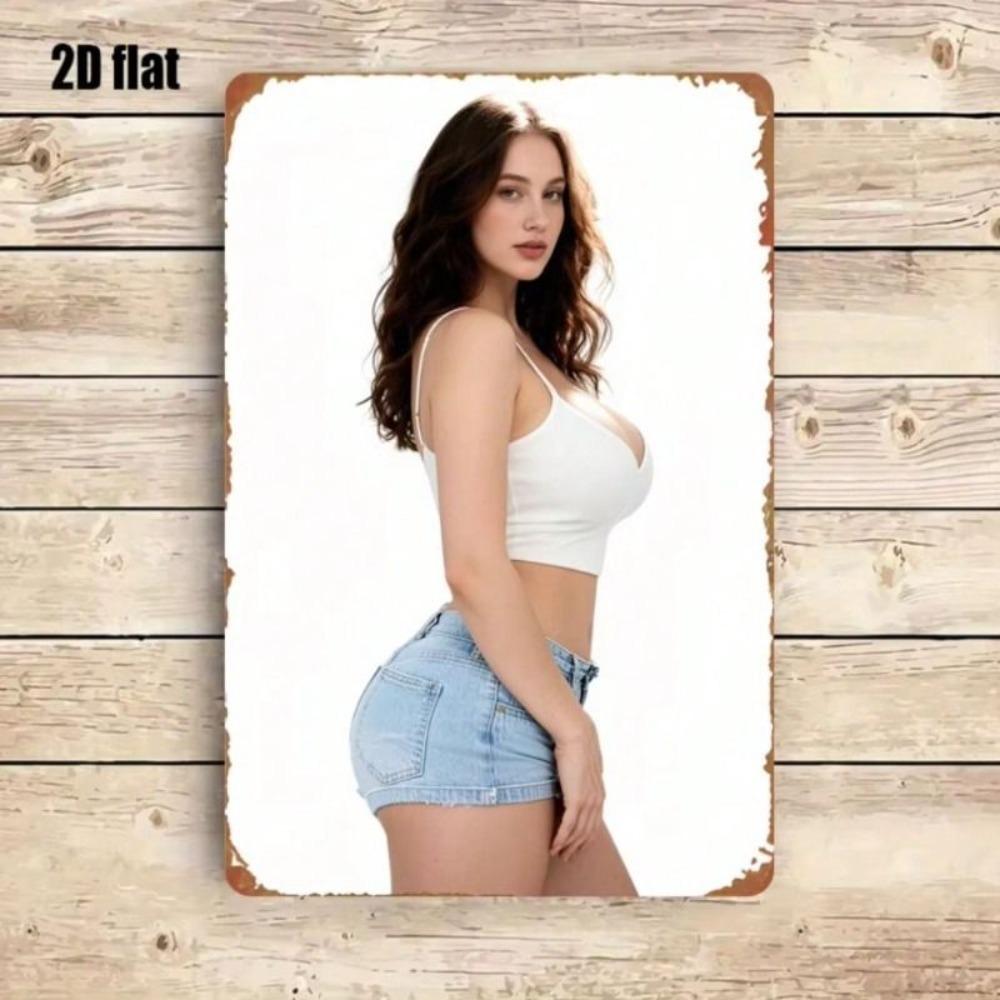 Metal Poster Girl White Top Denim Shorts Modern Wall Art Living Room