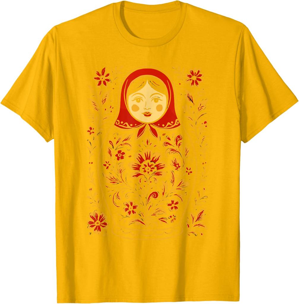 Matryoshka Doll Floral Print Graphic Tee Russian Nesting Folk Art Casual Cotton T-Shirt