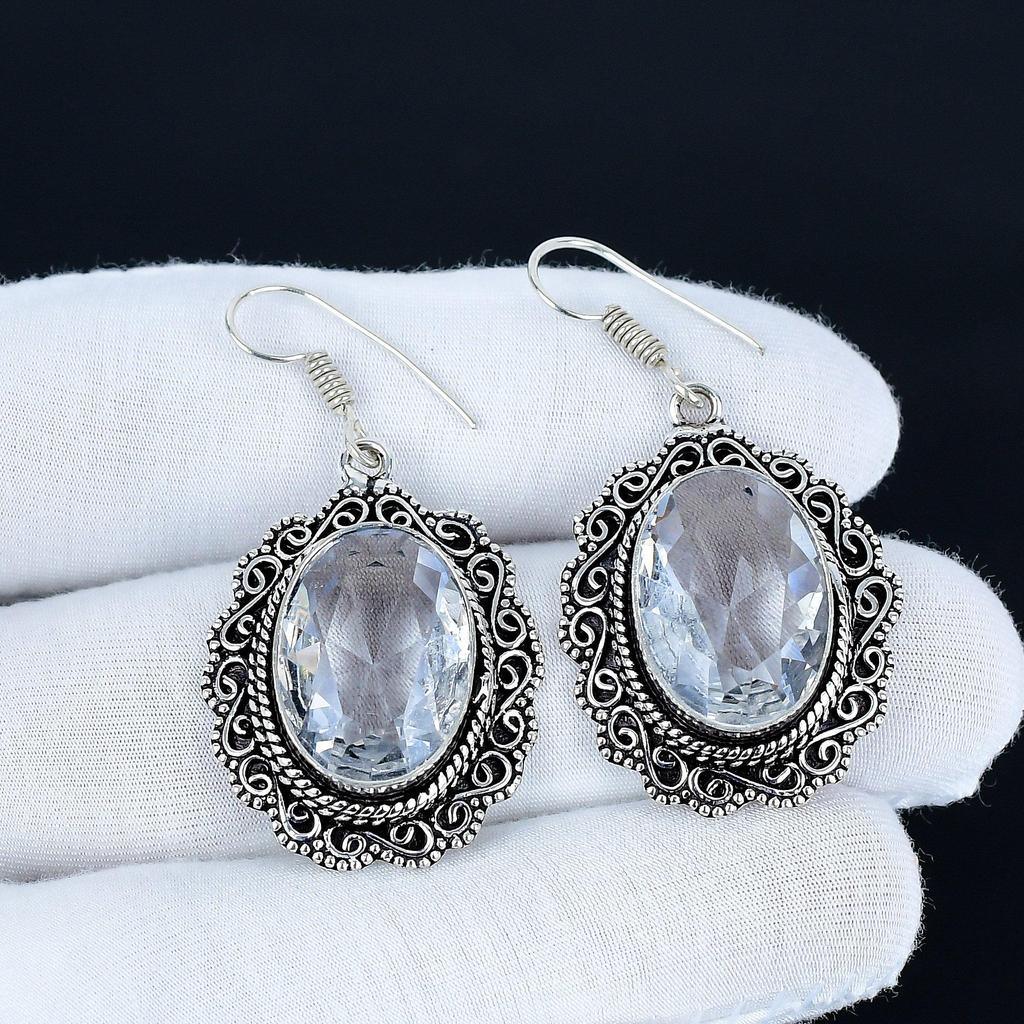 White Topaz Gemstone Earrings, 925 Sterling Silver Earrings, Silver Earrings For Gift, White Topaz Dangle Drop Earrings For Party Wear Gifts