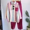 2Pcs/Set Shirt Pants Set Long Sleeve Casual Trendy Elastic Waist Breathable Daily Garment Polyester Stripes Blouse Pants Suit Spring Clothes