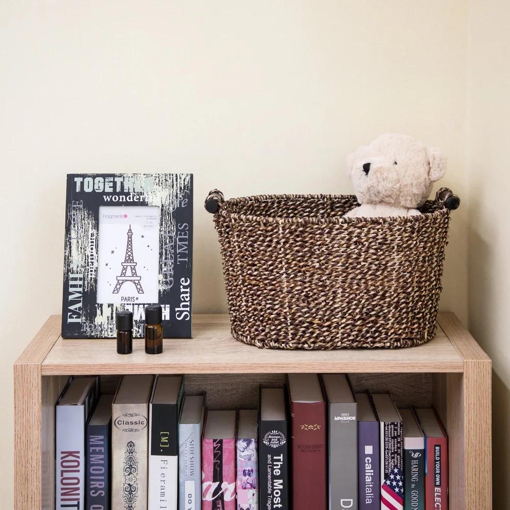 Oval Seagrass Storage Basket with Wooden Handles Brown Decorative Baskets Home Organization Woven Small Item Storage