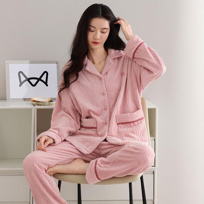 Pajamas Women'S Autumn And Winter Flannel Thickened Fleece Warm Coral Fleece Autumn And Winter Loungewear Set