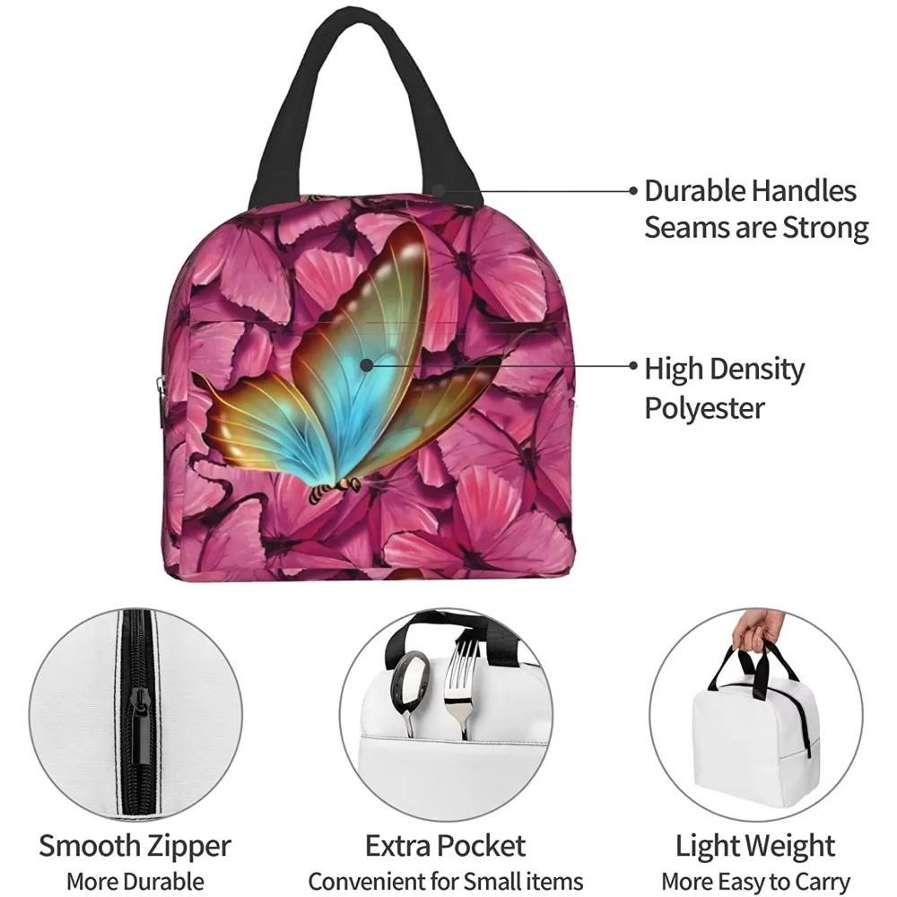 Rosa Fargerik Sommerfugl Isolert Lunsjveske Bærbare Lunsjvesker for Jenter Kvinner Gjenbrukbar Lekkasjesikker Matboks Piknik Reise Arbeid