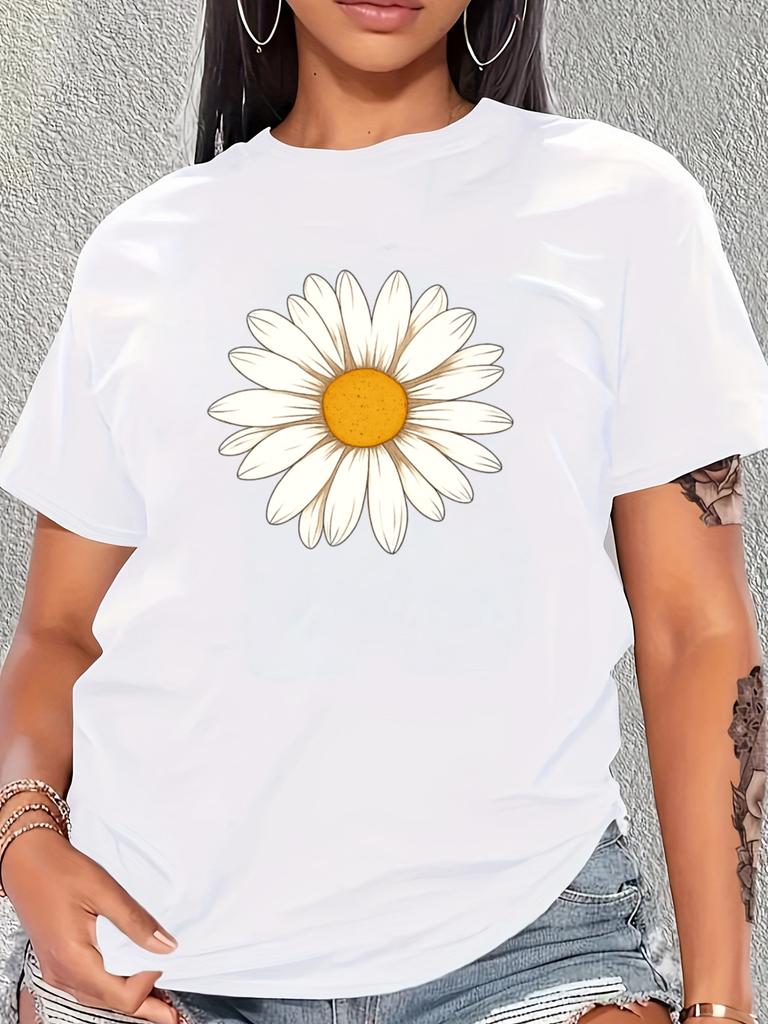 Women's Sunflower Short-Sleeve T-Shirt - Casual Round Neck Blouse Top, Regular Fit Suitable for Spring Summer Fall