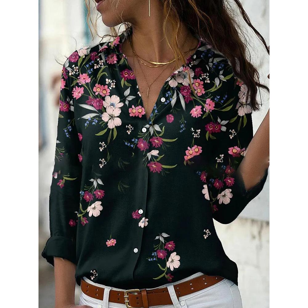 Autumn Women's Flower Print Shirt Fashion Button Top Slim Fit Comfortable Women's Button V-neck Casual Long Sleeve Shirt