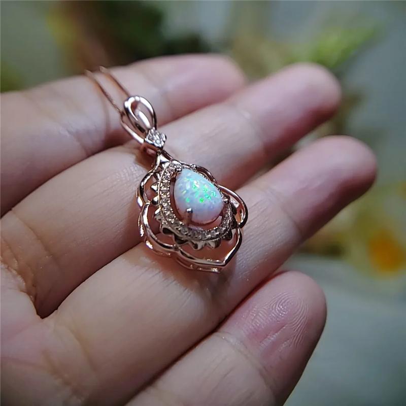 Big Water Drop White Opal Pendant Necklace For Women Luxury Rose Gold Color Crystal Flower Necklace Jewelry DropShipping