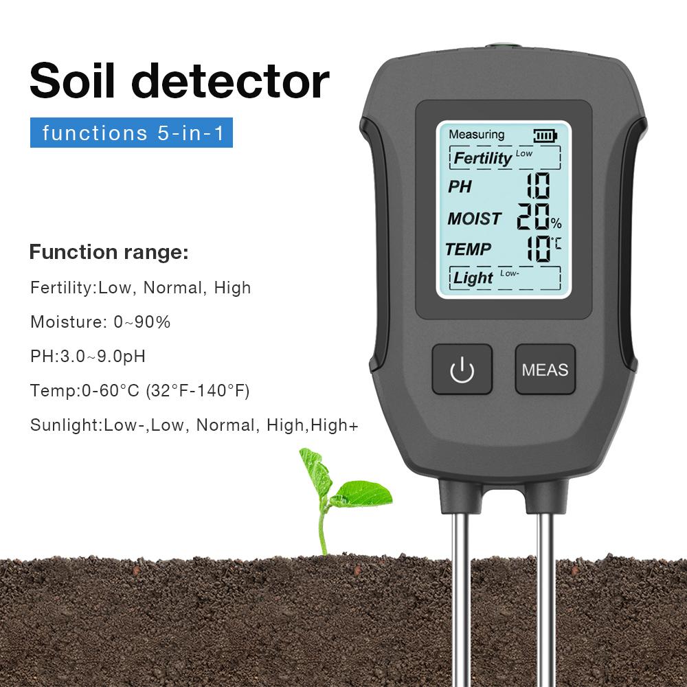 LCD-Anzeige Bodentester 3/5 in 1 Handheld Bodendetektor PH Feuchtigkeit Temperatur Fruchtbarkeit Sonnenlichtmonitor für Pflanzenanbau Gartenarbeit