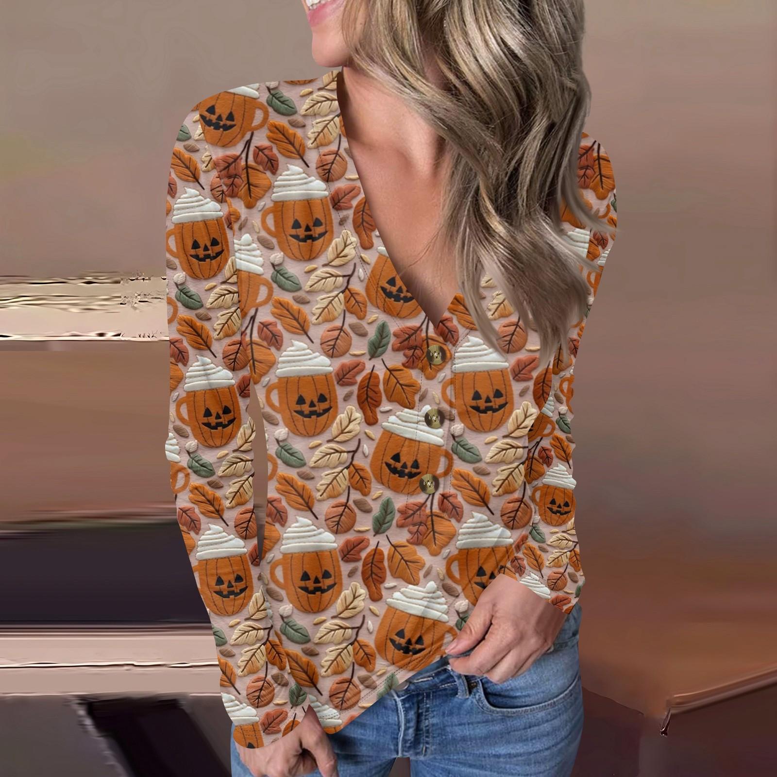 

Женский повседневный пуловер с V-образным вырезом и принтом на пуговицах на Хэллоуин XXL