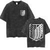 Anime Attack Titan Retro Wash Bedrucktes T-Shirt Mikasa Ackerman Eren Jaeger Freie Flügel Muster Herren Sommer T-Shirt