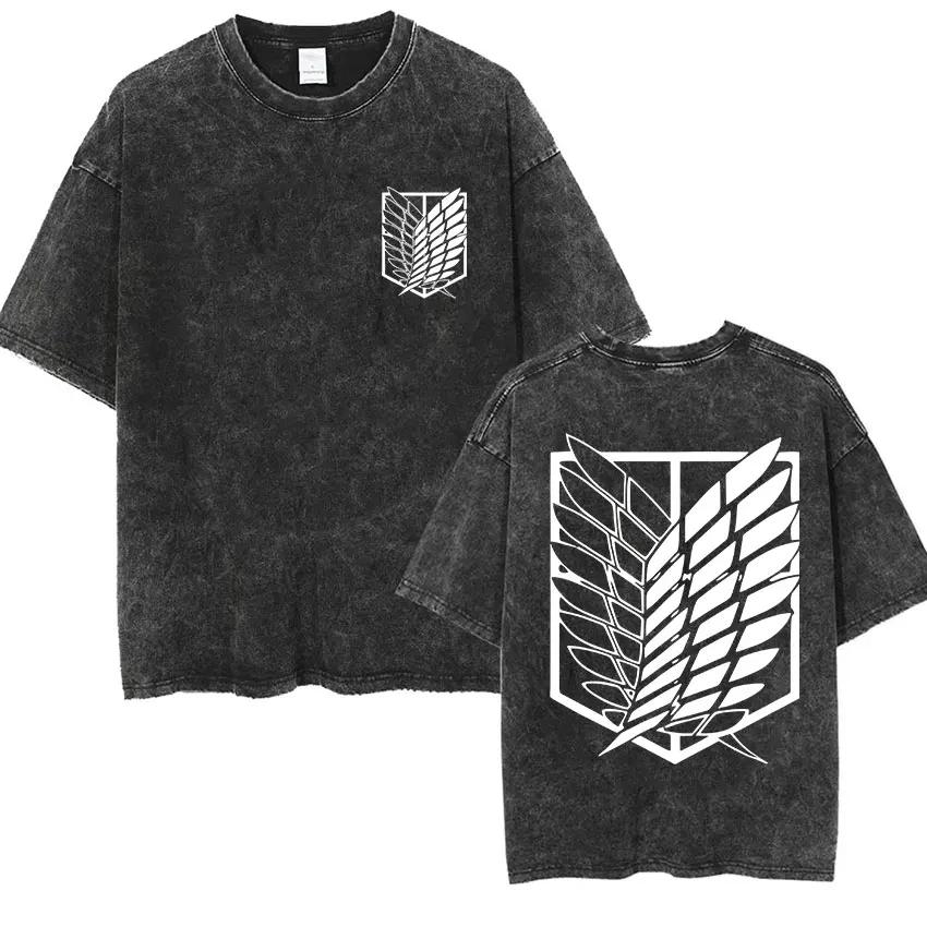Anime Attack Titan Retro Wash Bedrucktes T-Shirt Mikasa Ackerman Eren Jaeger Freie Flügel Muster Herren Sommer T-Shirt