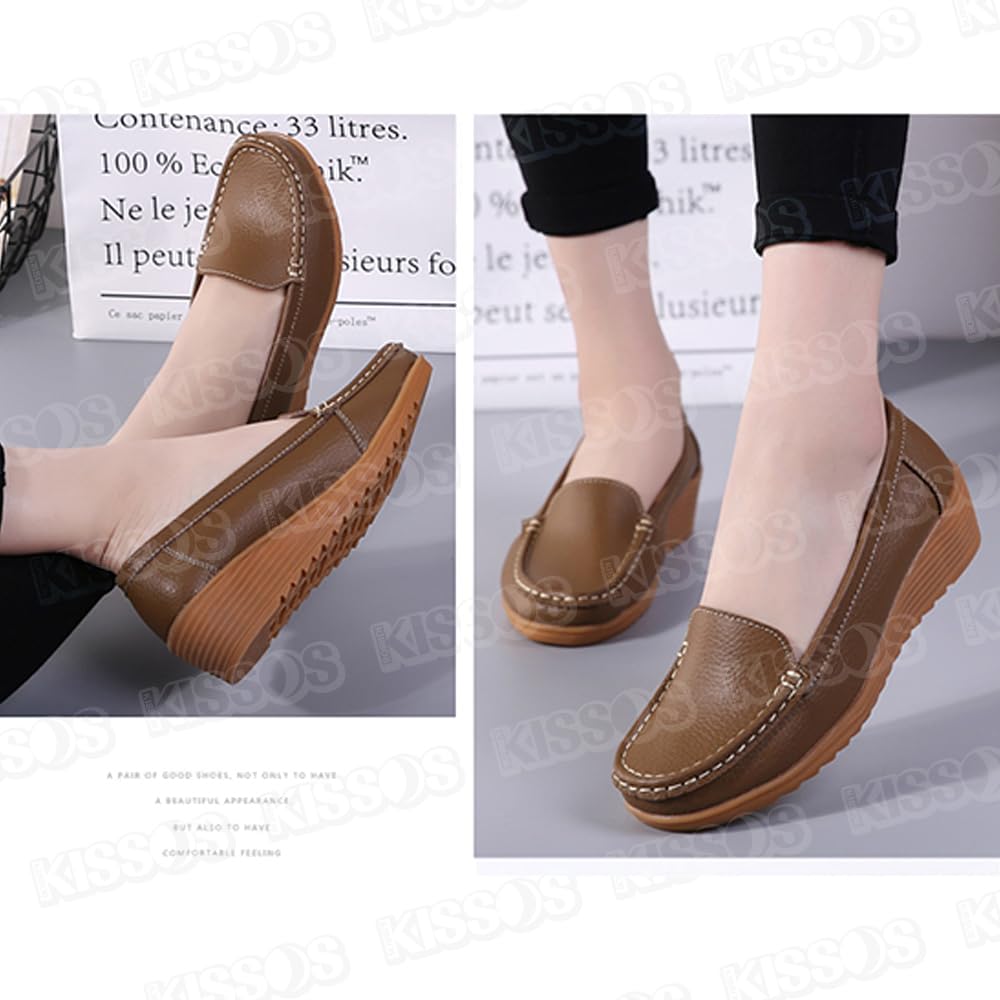 KISSOS Women's Loafers, Driving Shoes, Slip-On Flats, Casual Shoes (Khaki, Size 24.5cm (39))