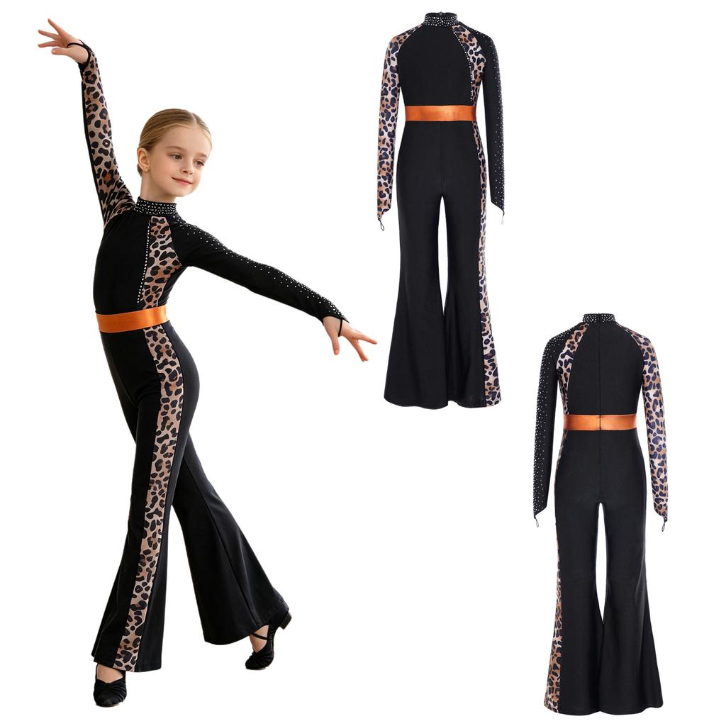 Tuta Jumpsuit Leopardata per Bambine Danza Latina Jazz Collo Alto Manica Lunga Fori per i Pollici Color Block Gamba a Zampa Bodysuit Zip Posteriore per Spettacolo
