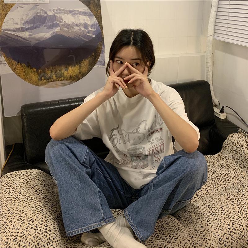 Women's Cotton Printed Crew Neck T-Shirt - Loose, Short Sleeve, Casual Summer Korean Style for Students and Couples