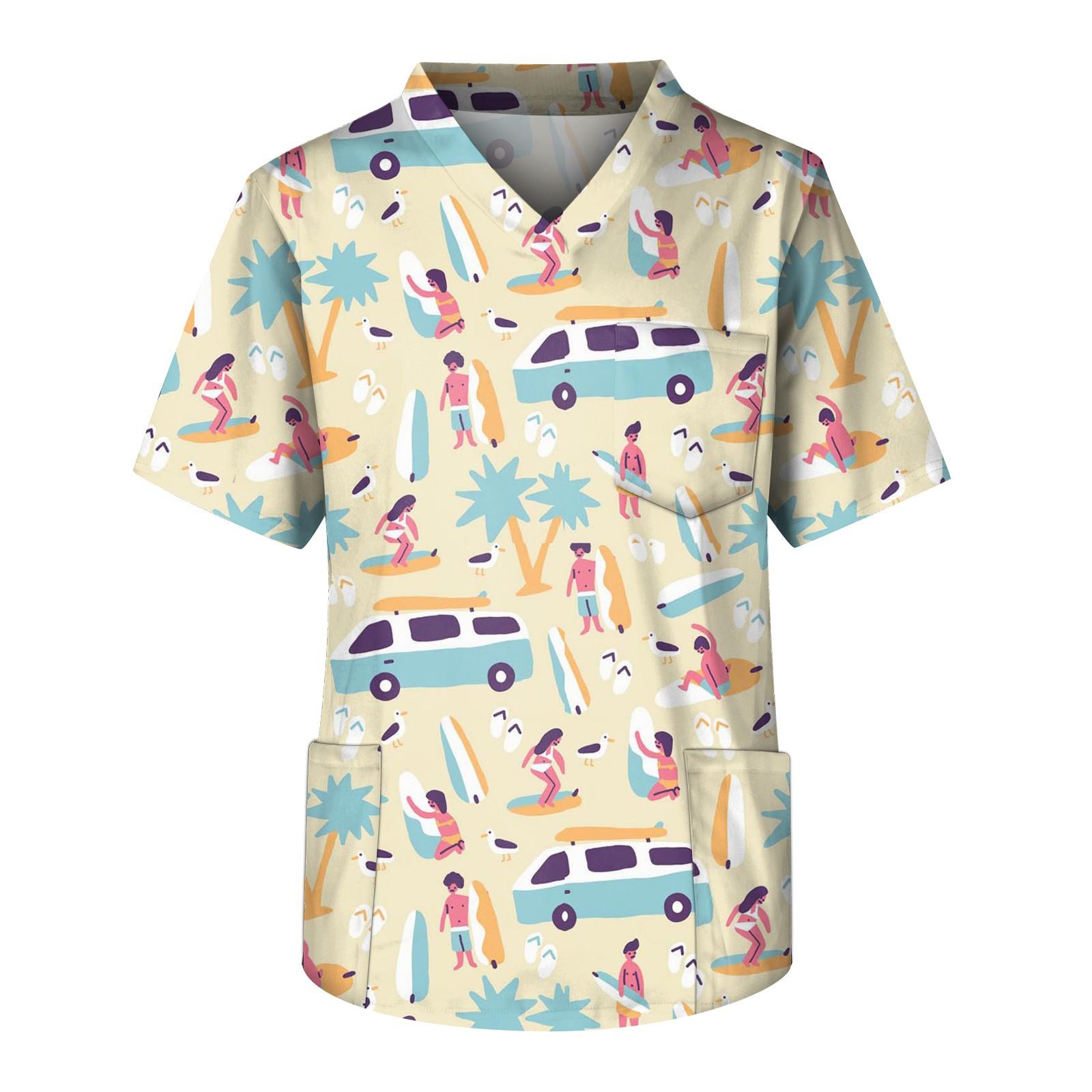 

Плюс размер Хэллоуин Печатный скраб Рабочая форма Топы для мужчин Крест V-образным вырезом с коротким рукавом Забавные футболки Спецодежда Футболка с карманами бежевый