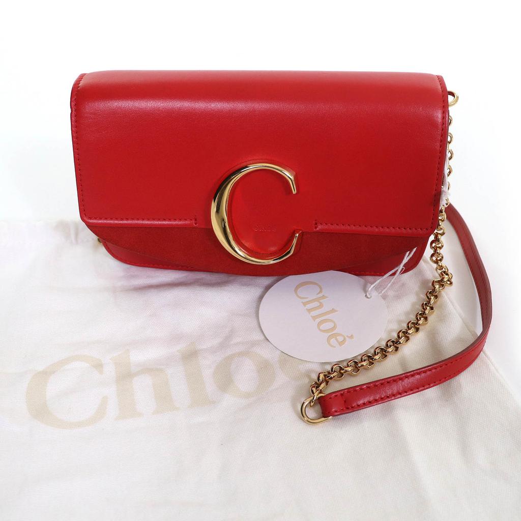 Excellent Chloe Shoulder Bag Chloe C logo suede leather chain Red Cowhide CHC19SS192A37640 Used