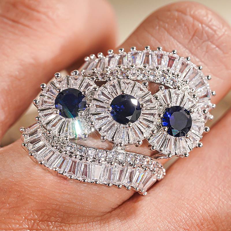 Huitan Luxury Charming Ring for Lady Inlaid Shiny Blue/White CZ Geometric Design Wedding Party Finger Accessories Trendy Jewelry