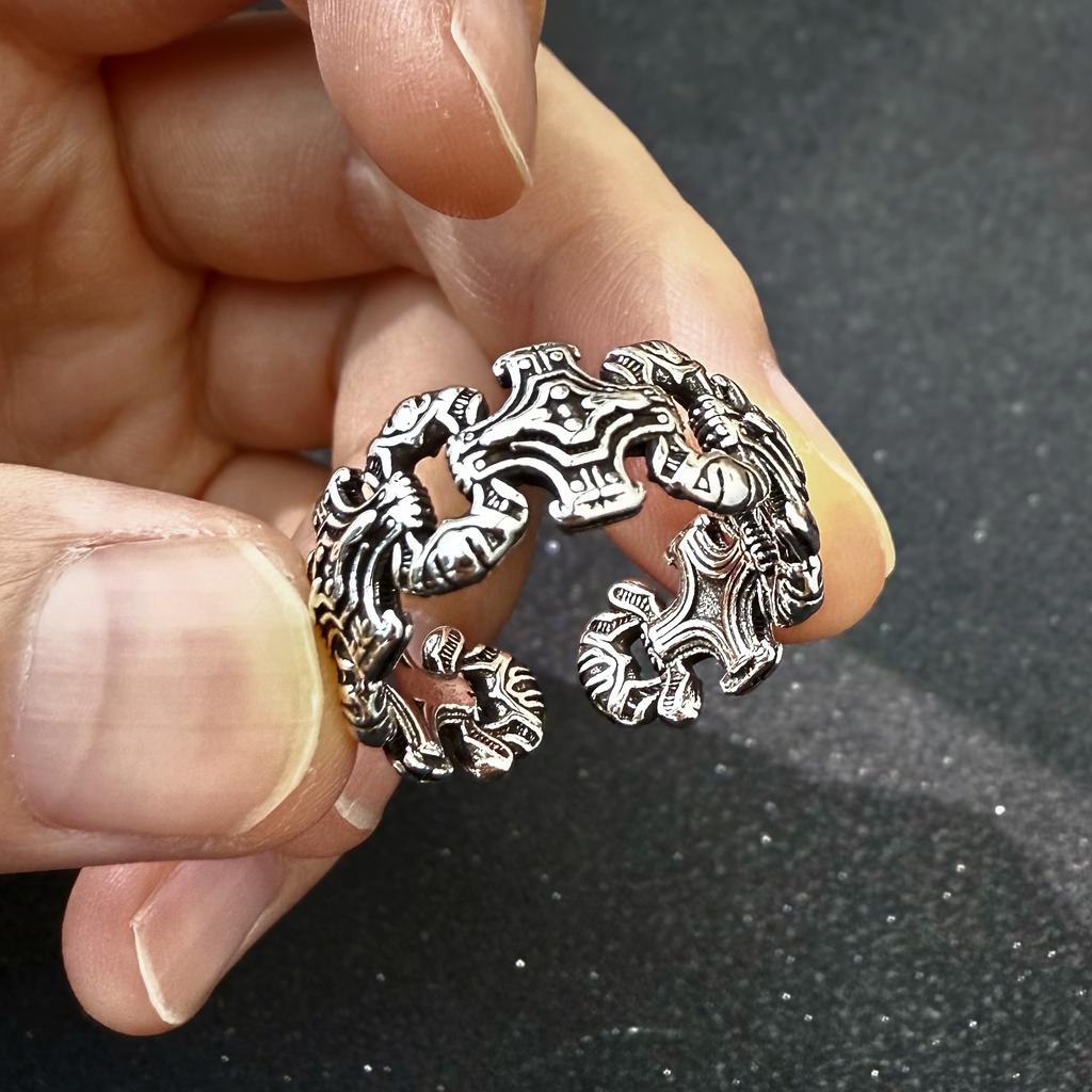 Retro Chained Crosses Adjustable Open Ring For Men Silver-plated Copper Gothic Punk Edgy  Christian Accessories Cool Gift