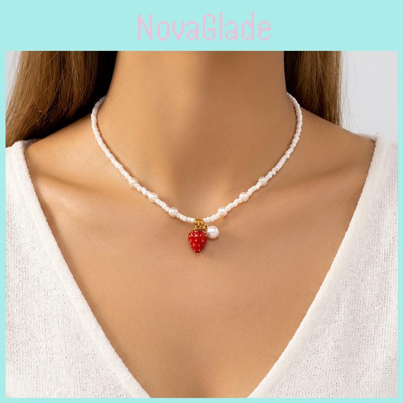 Pearls Necklace For Women Fruit Watermelon Crystal Pendant With Multilayer Chain