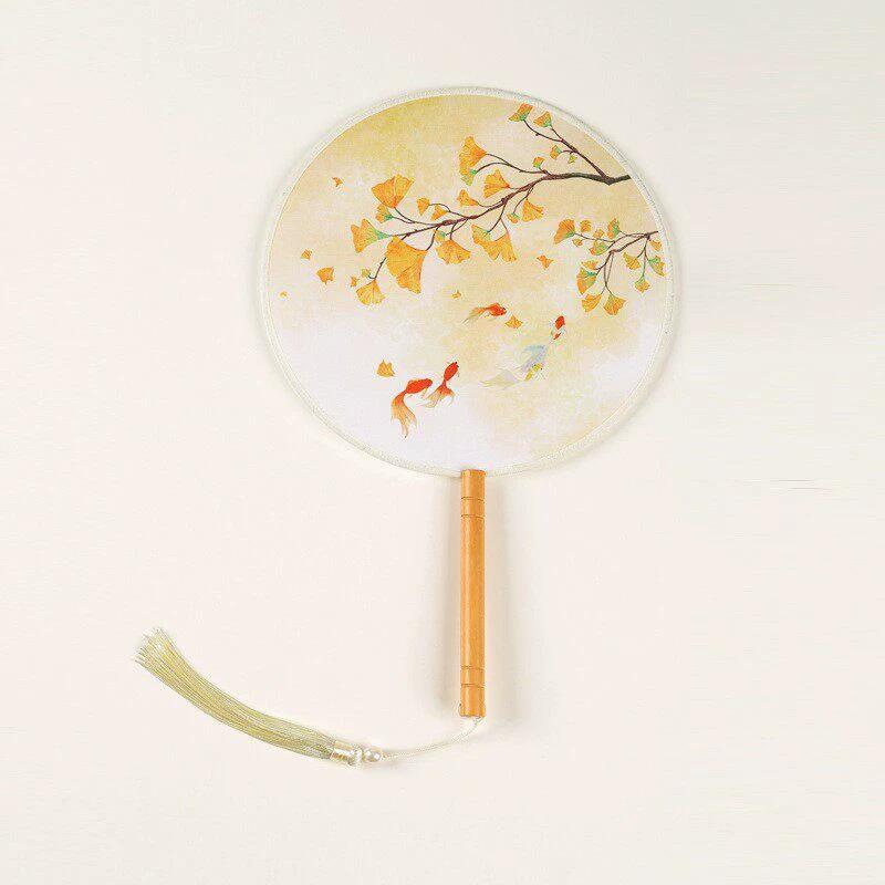 Double-Sided Classical Fan, Ancient Style Semi-Transparent Round Fan with Tassels, Women's Ancient Costume Hanfu Cheongsam Silk Fan