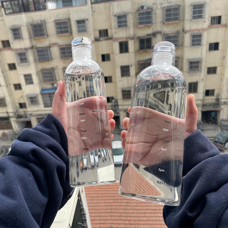Glass Water Bottle Large Capacity Cup with Time Marker Cover Drink Transparent Milk Juice Drinkware Simple Cup for Outdoor Home