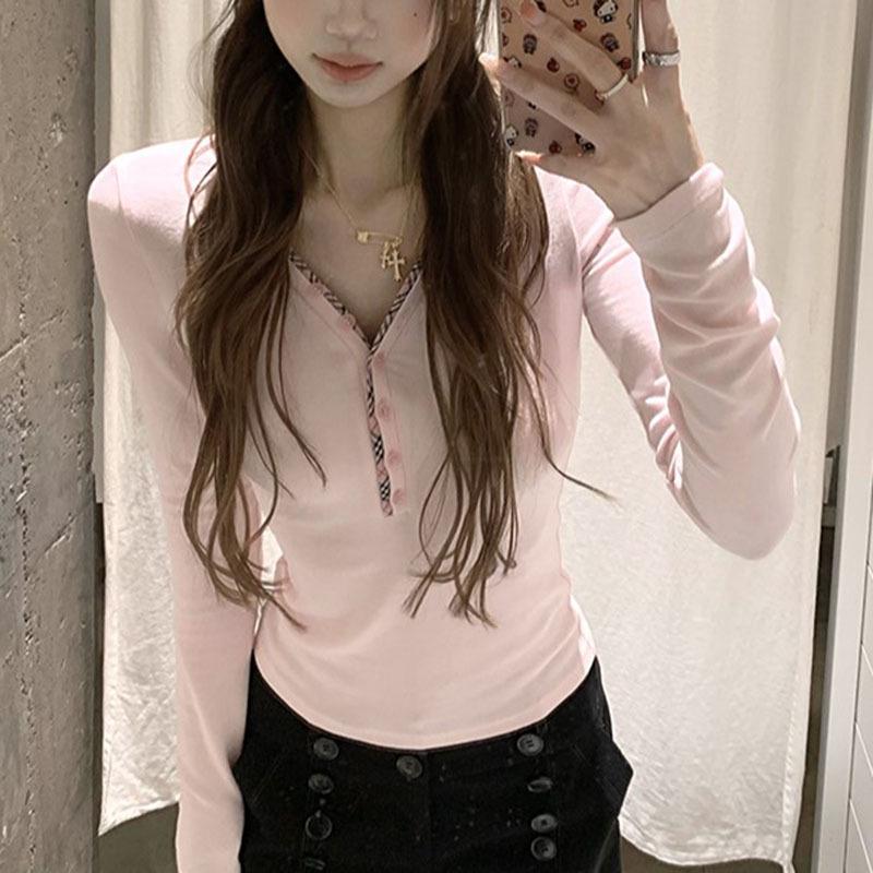 Korean Sweet Pink V-Neck Button Long Sleeve Women's Slimming Top for Autumn/Winter