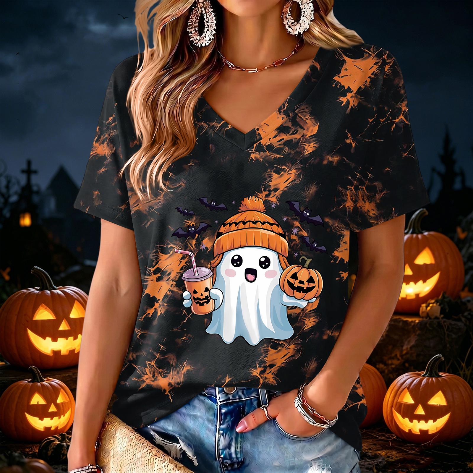 Women s V Neck Halloween Print Lightweight Summer Top L