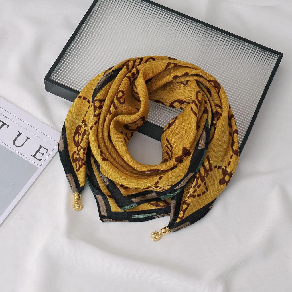 Women's 65" Silk Square Scarf with Magnetic Buckle – Autumn/Winter Print, Fashionable & Versatile Triangle Snood