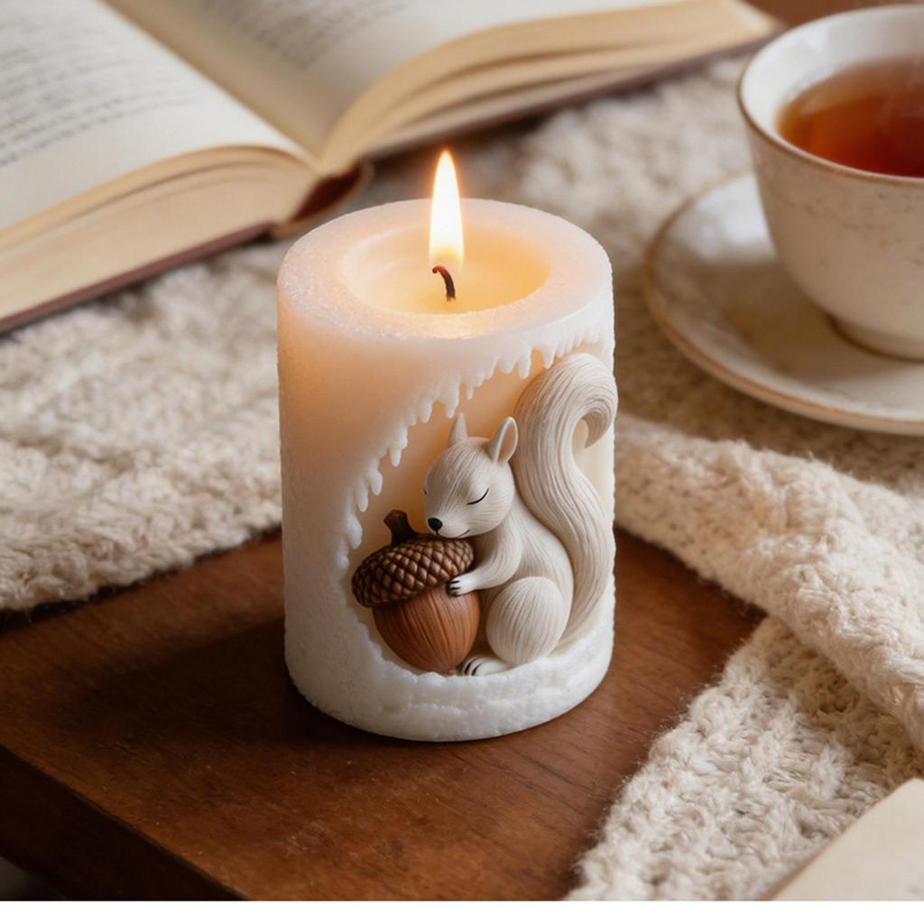 Squirrel Candle Mold 3D Cute Reusable Silicone Acorn Decorations Animal Candle Mold for Thanksgiving Holiday Birthday Party
