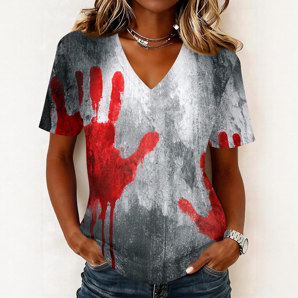 Haut pull décontracté à manches courtes et col en V pour femme, imprimé Halloween, coupe ample, t-shirt léger pour un usage quotidien