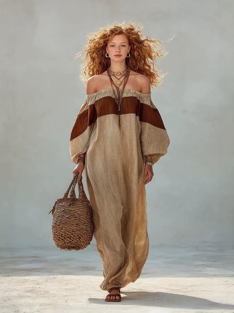 European and American autumn and winter women's brown western off-the-shoulder loose casual temperament long-sleeved dress