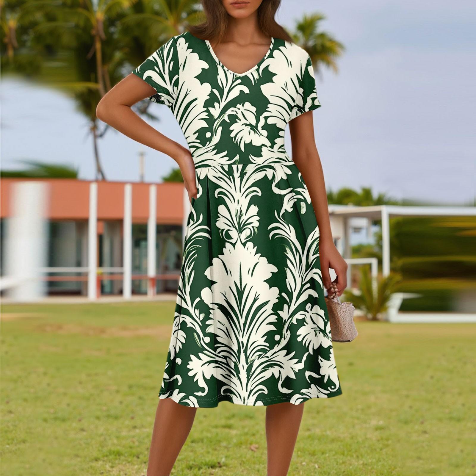 

Ladies Summer Fashion Casual Floral Print V-Neck Short Sleeve Pocket Dress L армия зеленый