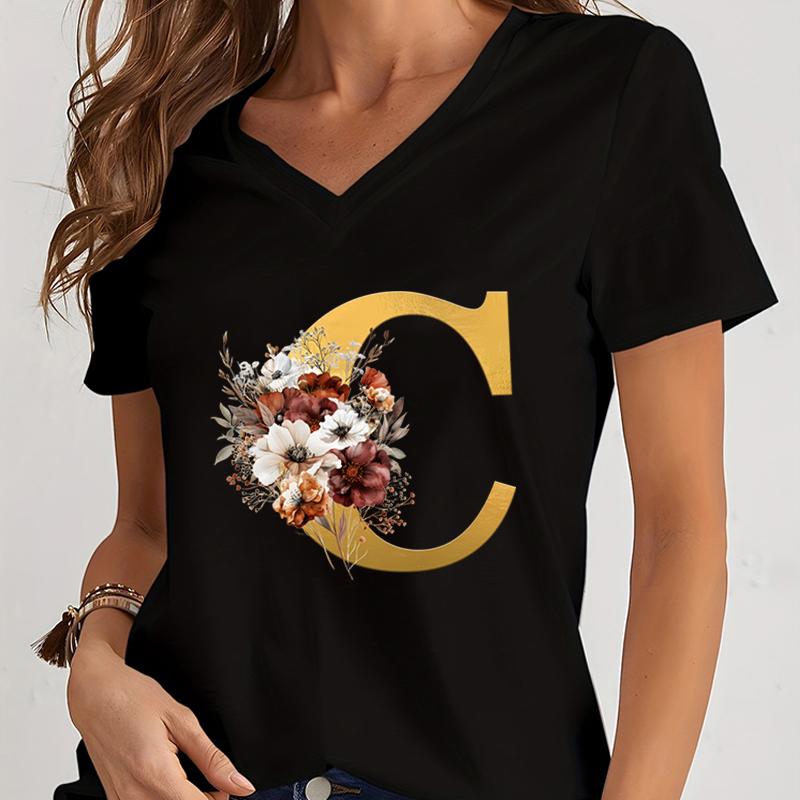 Vintage Flower Alphabet Graphic T Shirts Women Alphabet Rose Gold Essential Women Clothing Gift for Alphabet Floral Lover Tshirt